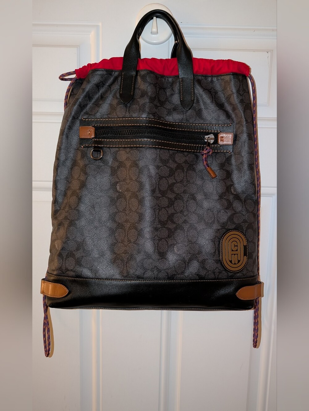 Coach Academy Drawstring Backpack In Signature Canvas w Coach Patch Black VGC